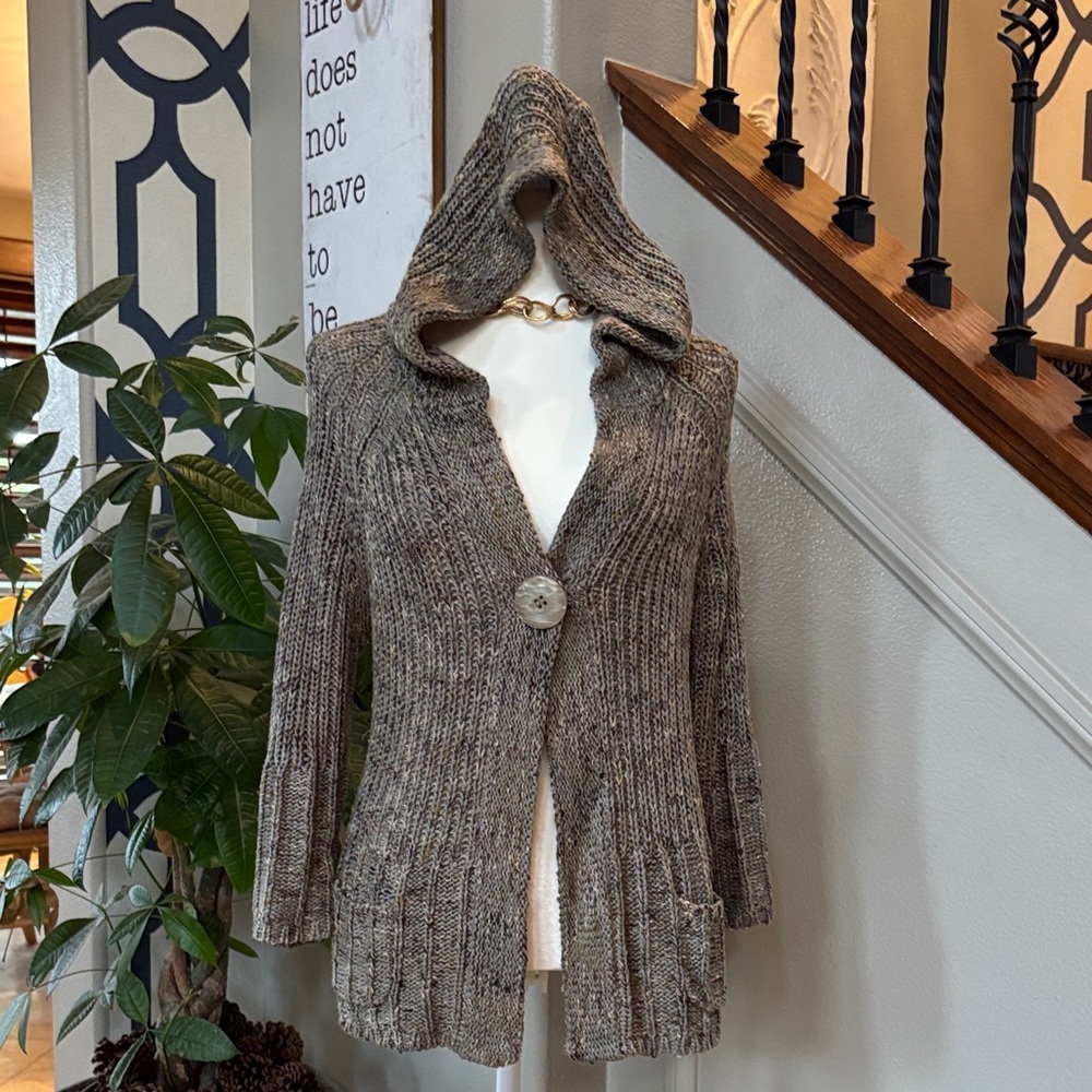 BCBG Neutral Marled Hooded Cardigan – Chunky Knit 🤩 Gramma core ✨